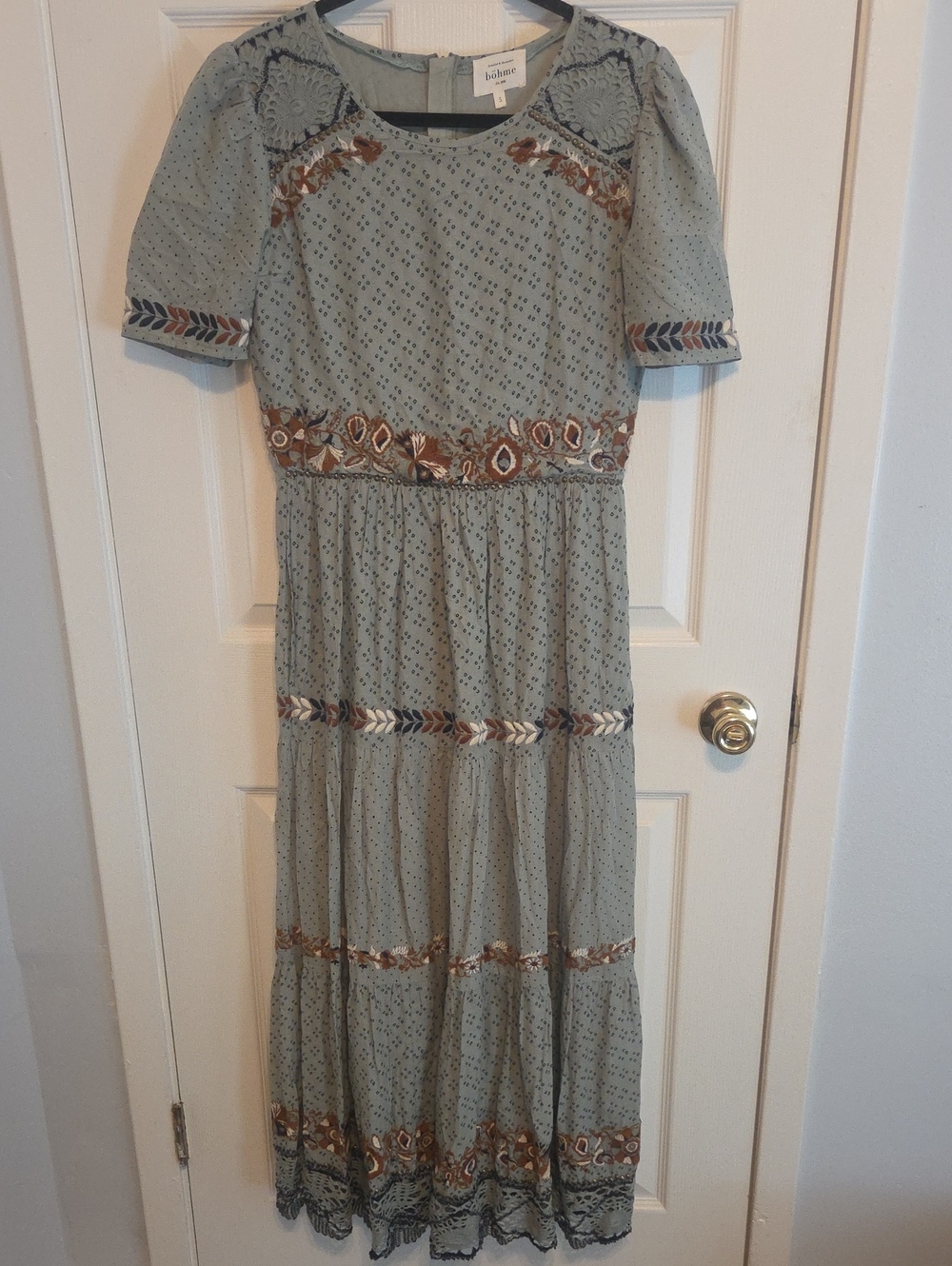 Bohme Spanish Embroidered Lace Dress Short Sleeve Crochet Hem Tiered Boho S - Picture 2 of 5
